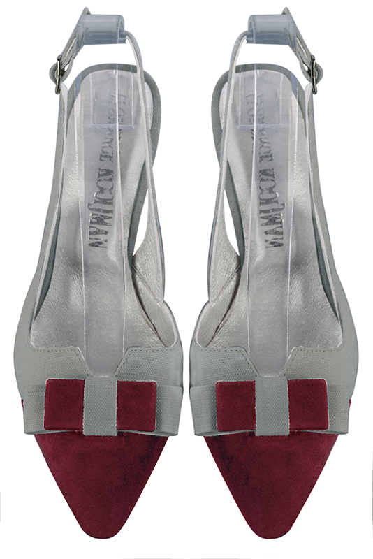 Burgundy red and dove grey women's open back shoes, with a knot. Tapered toe. Medium slim heel. Top view - Florence KOOIJMAN